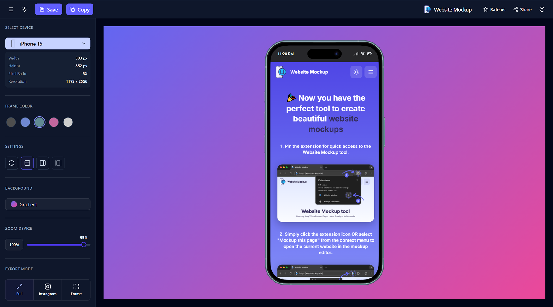 Website Mockup tool interface with device mockup editor and export options