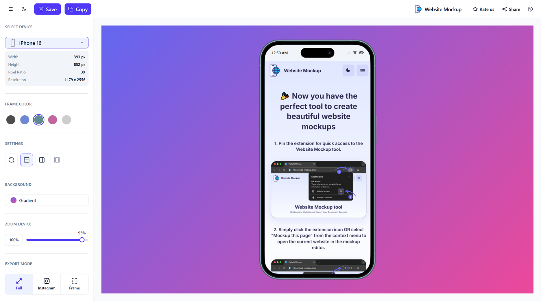 Website Mockup tool interface with device mockup editor and export options