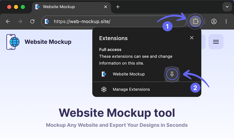 Chrome extensions menu showing how to pin the Website Mockup extension
