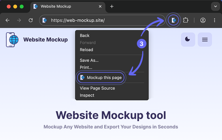 Browser toolbar with the Website Mockup extension icon highlighted