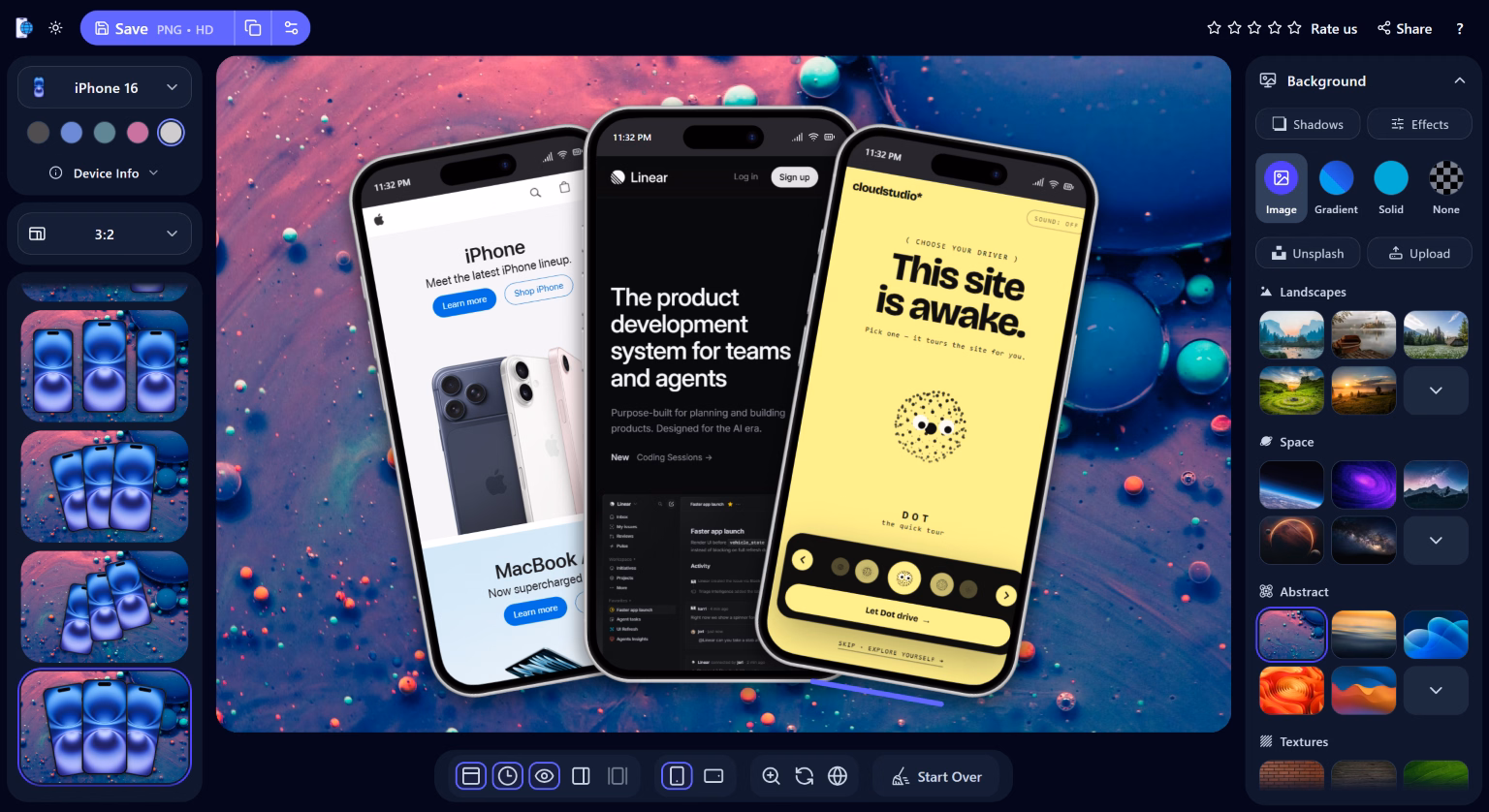 Website Mockup tool interface with device mockup editor and export options