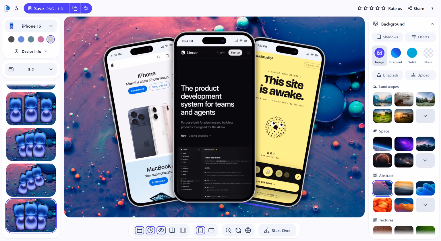 Website Mockup tool interface with device mockup editor and export options